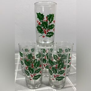 Vtg Holiday Beverage Set Holly Berries Leaves Indiana Glass Christmas Drinkware
